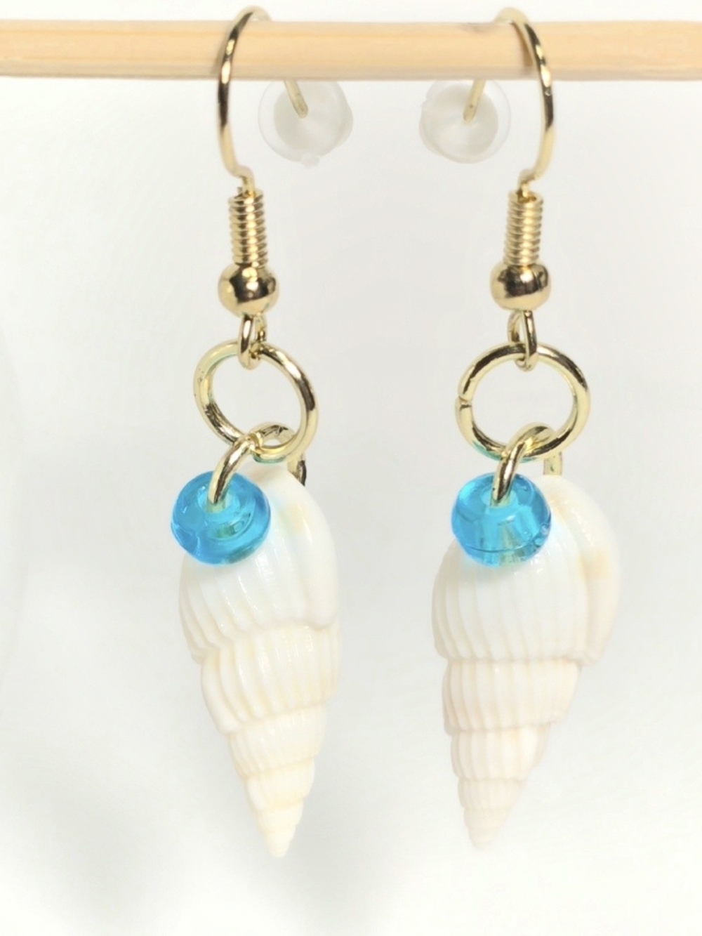 Natural shell earrings with glass bead: coastal beach statement earrings
